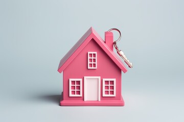 pink house with key on top of it. house is small and cute. key is on top of house and it looks like it's about to be used to open door