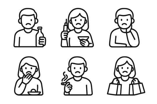 Outline symbols representing different types of addiction, compulsive behaviors, and harmful habits