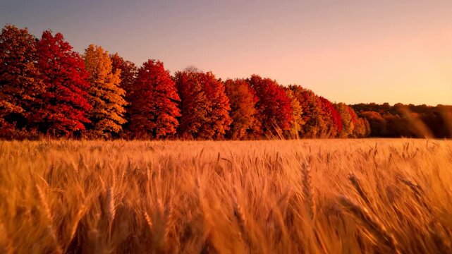 Golden wheat field and colorful trees during autumnal sunset