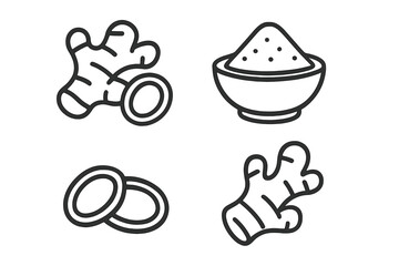 Minimalist icons set of ginger root, sliced pieces, and powdered spice in a bowl