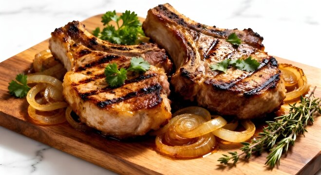 Grilled pork chops with caramelized onion and herbs - Powered by Adobe