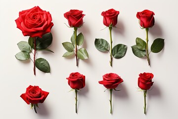 row of red roses arranged in line, with each stem pointing in different direction isolated on white background. roses are all same color, positions and angles create sense of movement and depth