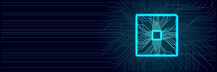 Digital circuit board design featuring a central processing unit in glowing blue against a dark background with intricate lines