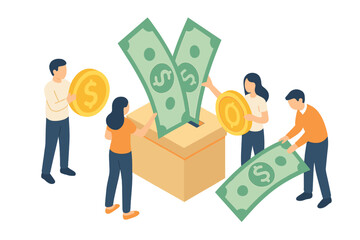 Diverse group of people contributing money into a large savings or donation box