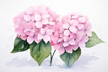 watercolor pink hydrangea flowers with green leaves are shown isolated on white background