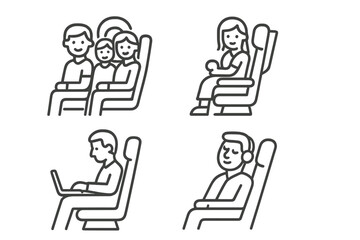 Diverse passengers sitting in seats while traveling by air or bus, including family, solo traveler, and worker