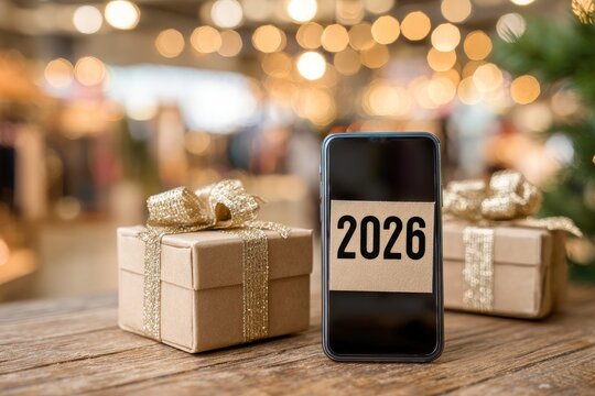 Presents flank a smartphone displaying 2026 on a table set against a bokehlit background