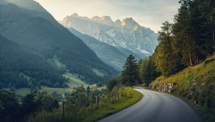 Road through lush green forest and mountain landscape during summer, emphasizing travel and nature exploration
