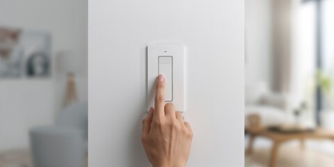 Naklejka premium Hand pressing an electronic-light switch, emphasizing energy efficiency and maintenance practices