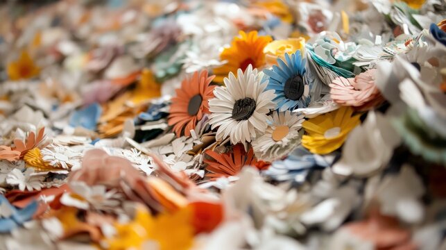 Close-up of a pile of colorful paper flowers, showcasing various colors and textures.