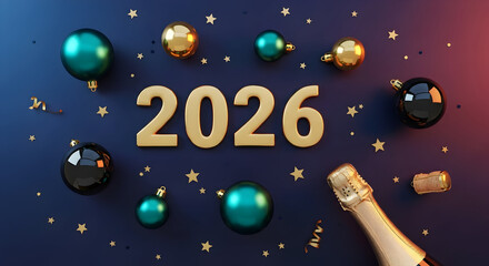 Vibrant 2026 New Year Celebration with Golden Numbers, Sparkling Ornaments, and Festive Decor on a Deep Blue Background, Symbolizing Anticipation and Joy