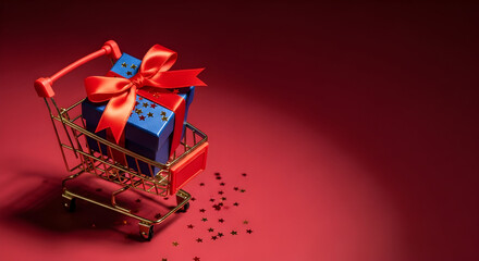 Elegant Gift Box in Miniature Shopping Cart on Red Background for Holiday Sales and Celebration. A symbol of giving, retail joy, and seasonal promotions for special occasions