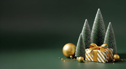 Elegant festive holiday display sparkling gift box, miniature pine trees, and gold ornaments on a green background, perfect for Christmas celebrations