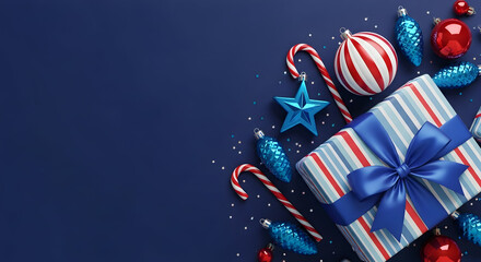 Christmas flat lay gift box, blue ribbon, red and blue ornaments, candy canes, sparkles on navy background. Perfect for festive holiday greetings