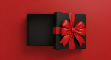 Elegant open black gift box with a vibrant red ribbon on a bold red background, an empty present container evoking anticipation and surprise for various special occasions