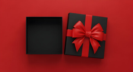 Luxurious black gift box with a bright red bow, open and empty on a rich crimson surface, symbolizing anticipation, surprise, and generous gifting moments for special events
