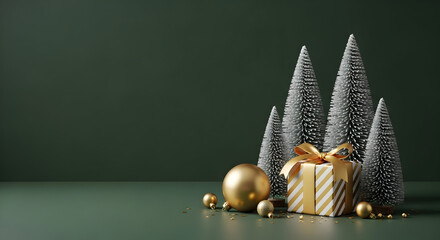 A light whisk of holiday cheer elegant minimalist Christmas trees and a shimmering golden gift box delicately arranged on a rich, deep green background for festive greetings