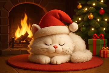 Cute Cartoon Christmas Kitty Sleeping by a Fire Wearing a Santa&rsquo;s Hat