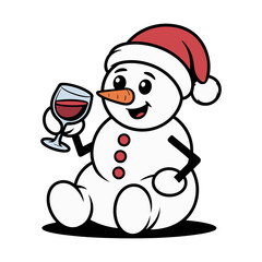 Cute Snowman with Santa Hat Drinking Wine Cartoon Illustration