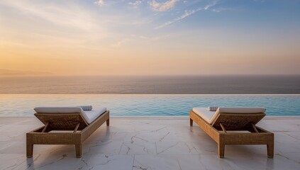 Two contemporary rattan sun loungers positioned on a white marble surface by the pool, offering relaxation at sunset, holiday retreat theme.