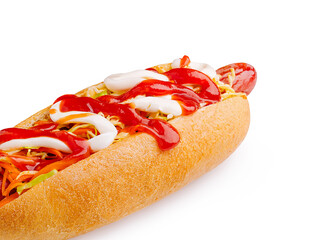Hot dog with fresh toppings and sauces ready to enjoy