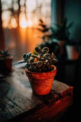 Sunset Illuminated Succulent In Terracotta Pot On Wooden Table