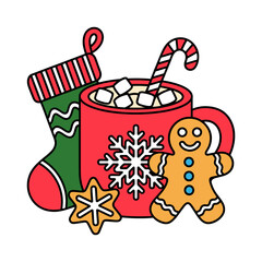 Cozy Christmas Mug with Marshmallows Stocking and Gingerbread Cookie Illustration