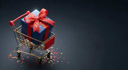 A festive blue gift box with a sparkling red ribbon and golden confetti, nestled in a miniature shopping cart, evoking the joy of holiday shopping, special moments, and happy surprises