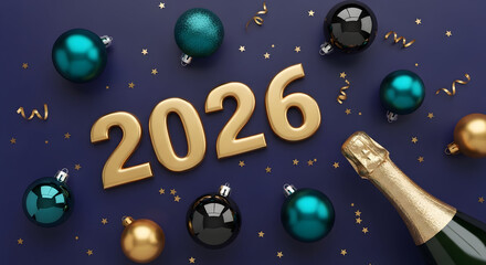 Golden 2026 New Year celebration with sparkling confetti, vibrant teal, black, and gold ornaments, and a champagne bottle, symbolizing a prosperous and joyful festive beginning