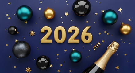 Golden 2026 numerals sparkle amidst elegant festive baubles and a champagne toast, symbolizing a bright future and luxurious New Year celebration on a rich blue background