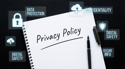 Words ‘Privacy Policy’ written on a notebook, emphasizing data protection, confidentiality, digital safety, and secure information management