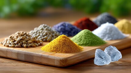 A close-up shot of various colorful spices and crystals arranged on a wooden board. The image showcases a vibrant array of textures and colors.