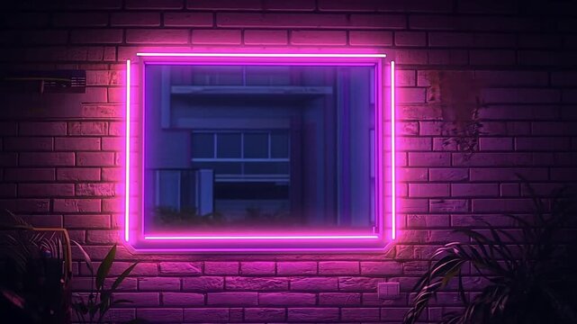 Glowing pink neon frame on a dark brick wall. Cyberpunk retrowave background with copy space. Modern futuristic animation with purple light