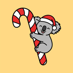 Koala Hugging Candy Cane Christmas Cartoon Illustration