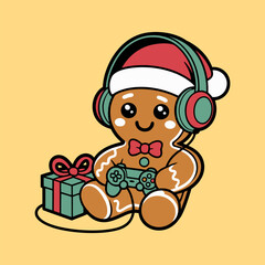 Gingerbread Gamer with Headphones and Gift Cartoon Illustration