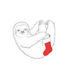 Obraz premium Sloth Embracing Christmas Stocking - A Festive Holiday Illustration.