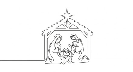 Drawing of the nativity scene of Jesus Christ in one line art style. Religious illustration with editable stroke