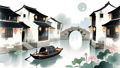 Obraz premium Jiangnan Ancient Town with Bridges and Lanterns