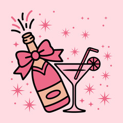 Champagne Bottle with Pink Bow and Cocktail Glass Illustration