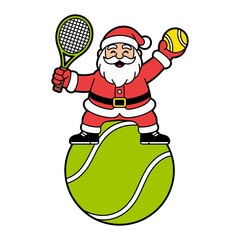 Santa Playing Tennis on Giant Ball Cartoon Illustration