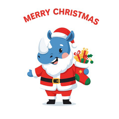 Cute Blue Rhino Dressed as Santa Claus Holding Christmas Stocking.