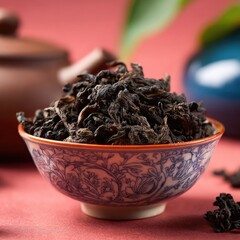 Dried Black Tea Leaves In Decorated Bowl