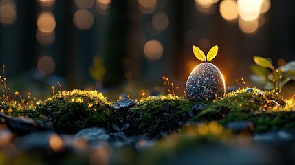 Magical Forest Floor with Glowing Orb and Tiny Sprout Illuminated by Golden Sunlight and Bokeh Effect