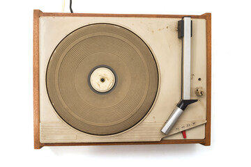 Vintage Turntable on white close up.  