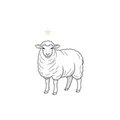 Detailed Line Art of a Standing Sheep with Star.