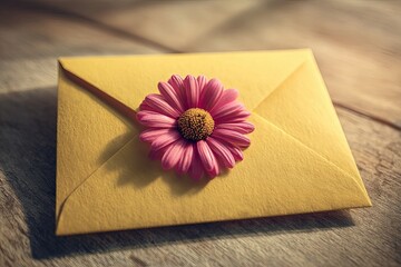 Yellow Envelope With Pink Flower Decoration