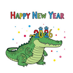 Festive alligator celebrates New Year wearing 2026 glasses with colorful confetti.
