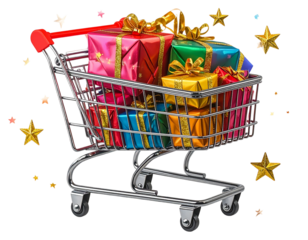 Shopping Cart Filled with Wrapped Gifts and Golden Ribbons, Front View, Transparent PNG