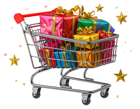  Shopping Cart Filled with Wrapped Gifts and Golden Ribbons, Front View, Transparent PNG