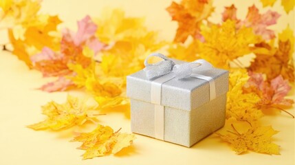 Gift Box Surrounded By Autumn Leaves